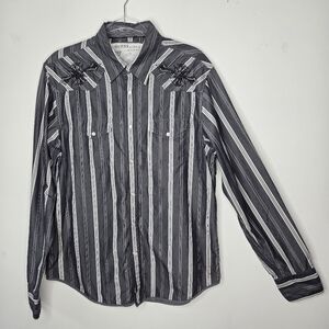 Western Pearl Snap Shirt Size L Embroidery Silver Gray Stripes Cotton Guess